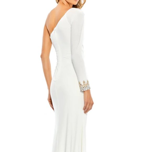 MAC DUGGAL 55696 ONE LONG SLEEVE BEADED CUFF SIDE TWIST WHITE JERSEY GOWN sz 4 - Picture 2 of 7